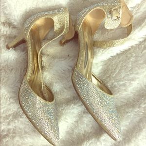 Party Shoes Gold Rhinestones Pointy Heels Sz 9